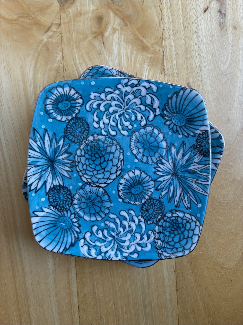 Pair of vintage square Japanese Blue Chrysanthemum dishes by Kutani China